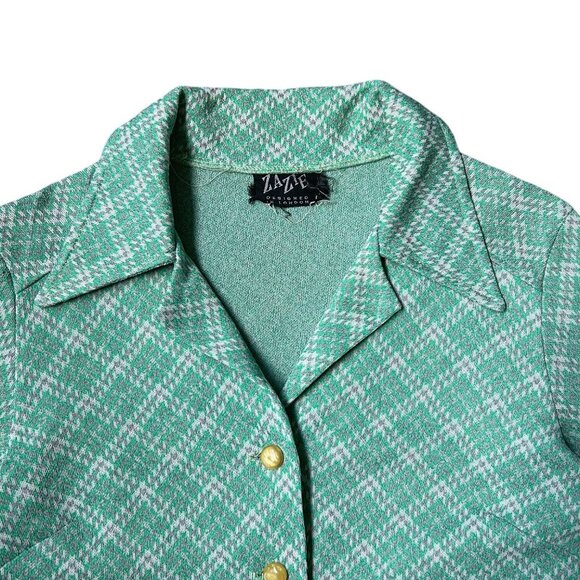 70s vintage plaid pointed collar blouse green notched dagger long sleeve button. - Picture 6 of 7